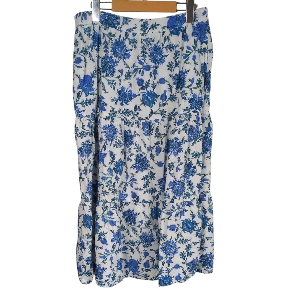 Artelier‎ Nicole Miller Linen Blend Tiered Midi Skirt Blue White Floral Size Med